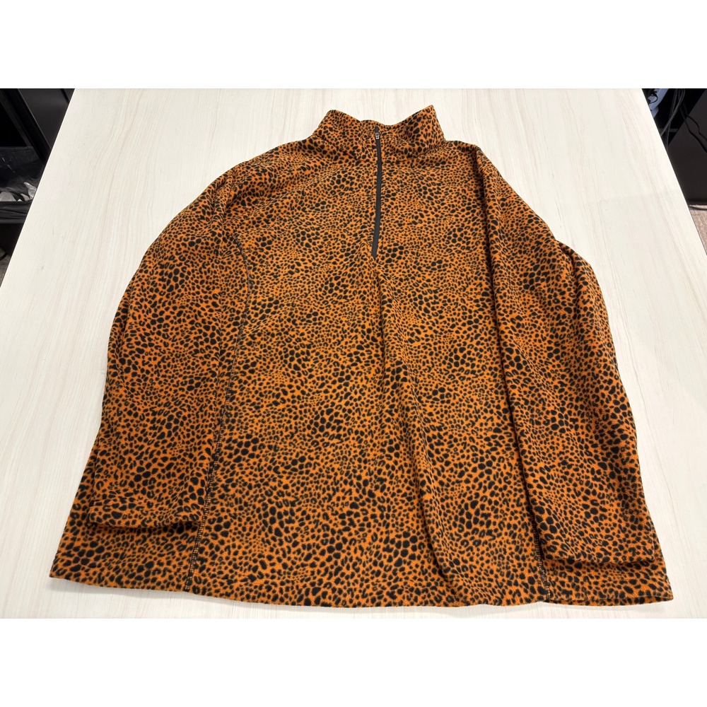 Lands' End Womens 2X Leopard Print Fleece Quarter Zip Pullover Orange Black